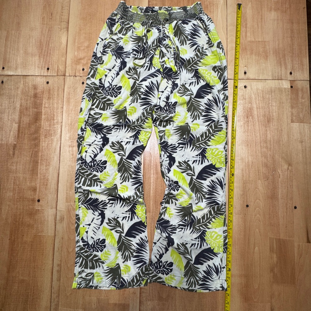 Nature Studio Tropical Leaf Print Smocked Waist Rayon Wide Leg Pants XL Green